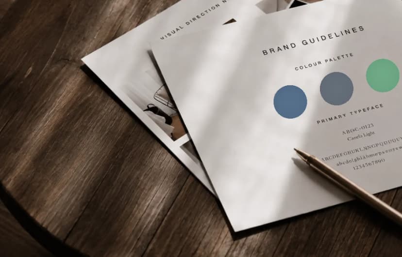 Manual de marca com paleta de cores e tipografia em mockup impresso
