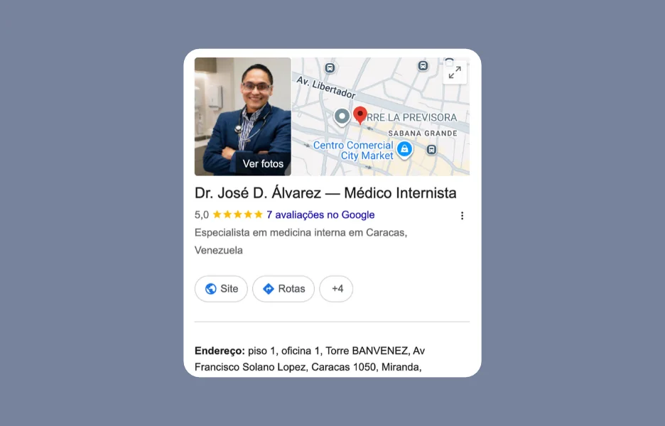 Ficha do Dr. José D. Álvarez no Google, com nota 5,0 e avaliações de pacientes